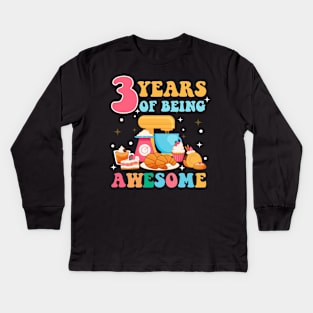 3 Years Of Being Awesome Tee 3rd Baking Birthday Gift Leopard Girl Birthday Tee Baking Party Outfit Kids Long Sleeve T-Shirt